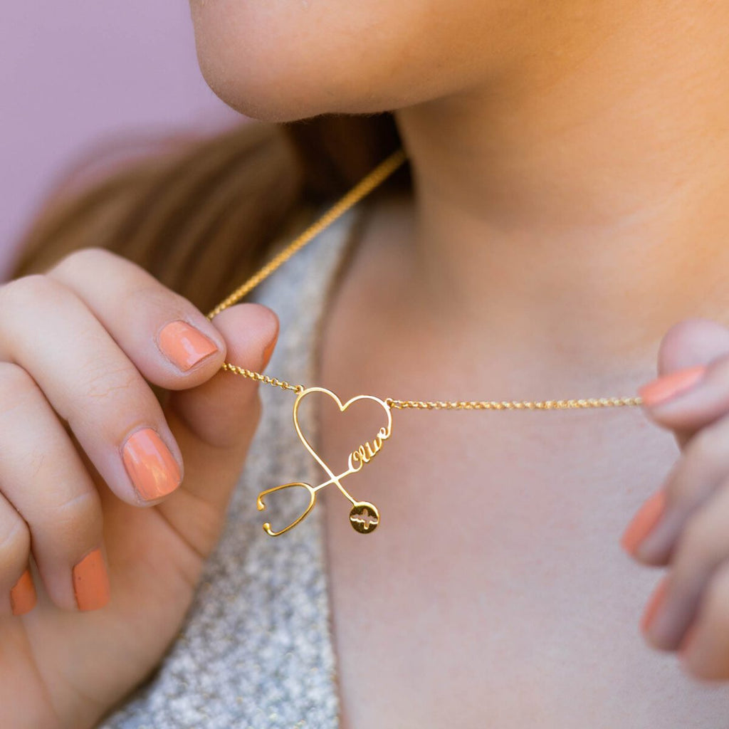 Custom Name Doctor Stethoscope Necklace – 24K Gold Plated Gift